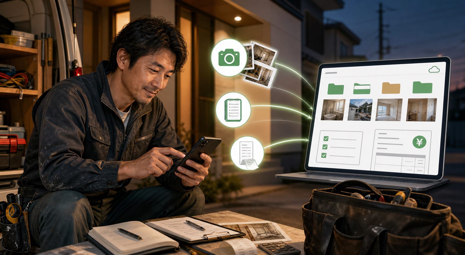 現場仕事を終え、スマホから事務報告を送る個人事業主