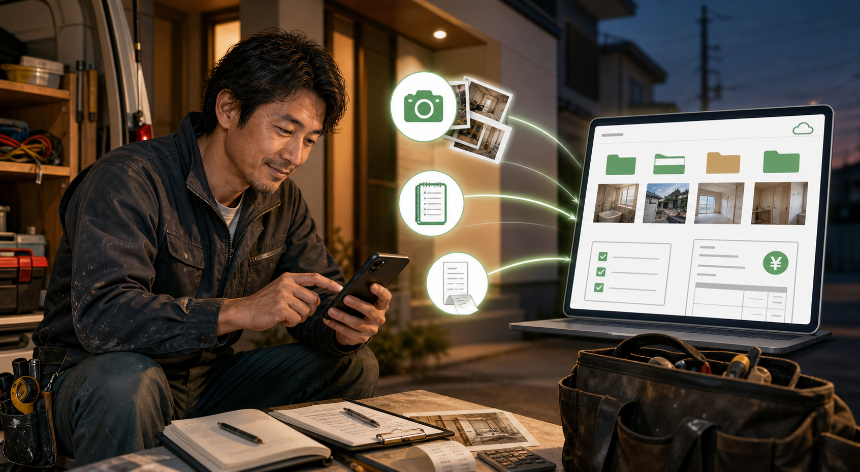 スマホから送った写真を案件別に整理するイメージ